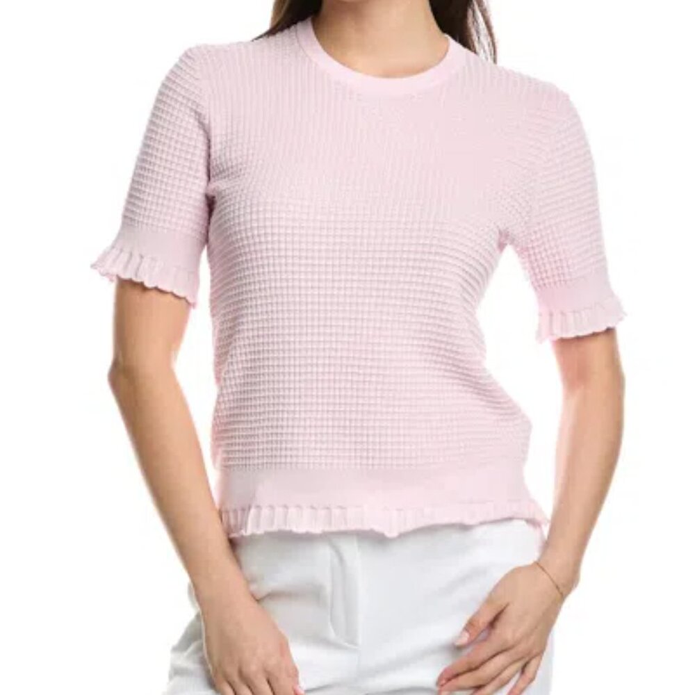 Theory Bristol Lace Trim Waffle Knit Sweater in Light Pink, Size P, New with Tag